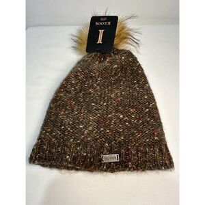 Igloo women’s green stocking hat w/ specks multi colors and faux fur Pom #M-0704
